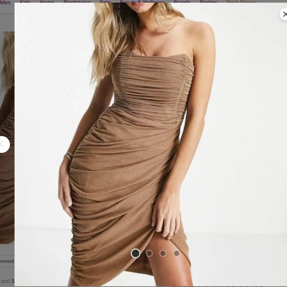 New! Rare London Drape Wrap Strapless Midi Pencil Dress in Gold Glitter